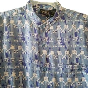 Personal Choice Mens Silk Large Shirt Gray Blue Short Sleeve Button Up Geometric